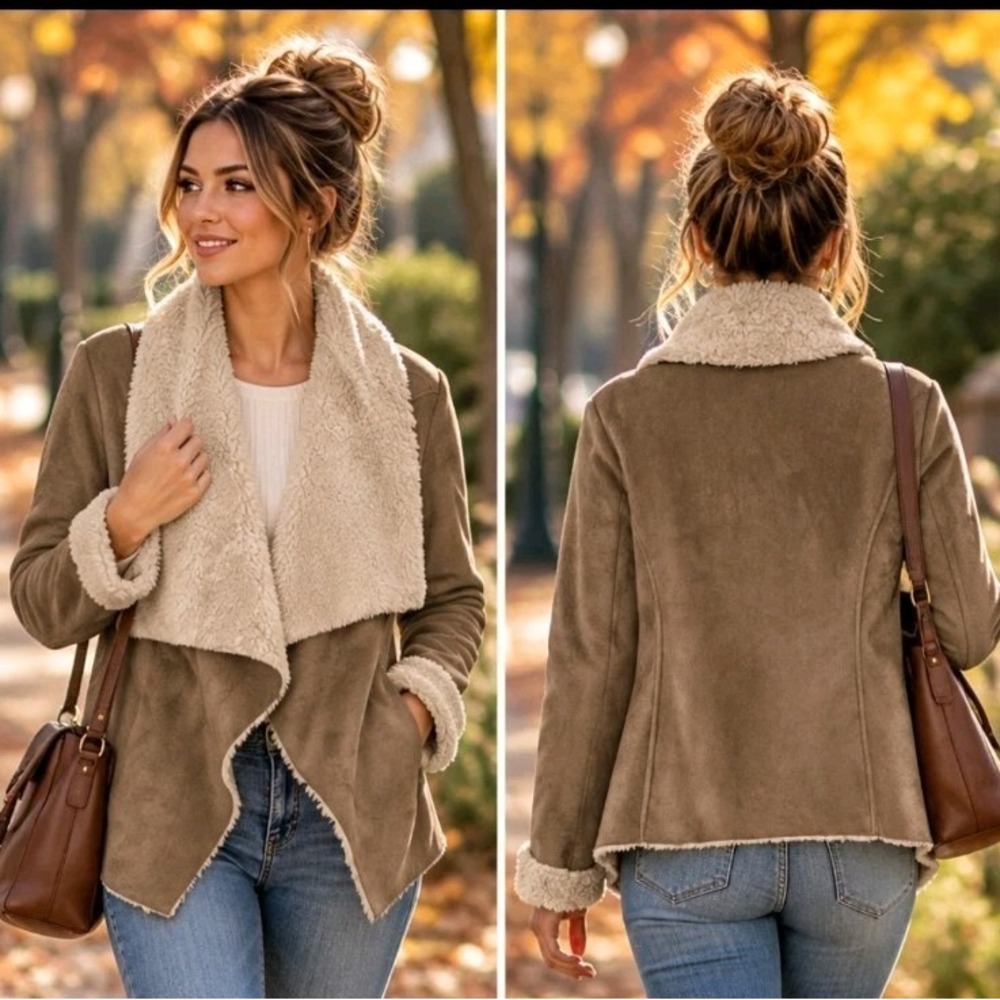 Ralph Lauren Camel Faux Suede Womens L Open Front Fleece Lined jacket